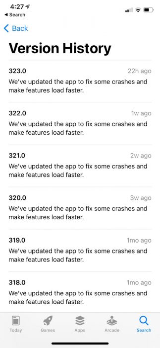 Screenshot of the Facebook iOS changelog